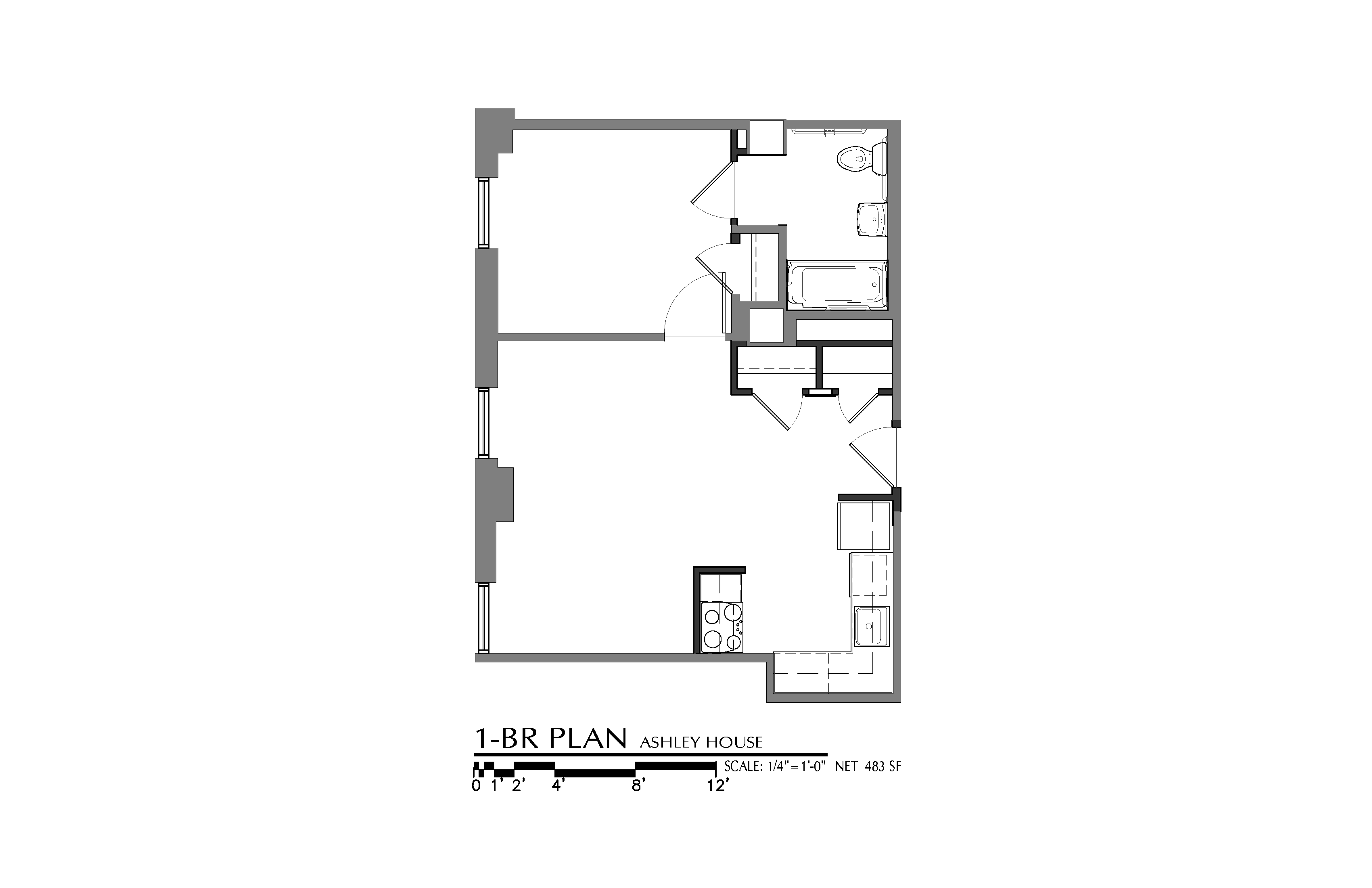Floor plan for 1 bed, 1 bath, 496 sqft